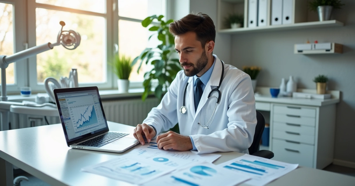 Dentista analisando documentos financeiros em clínica odontológica organizada 
