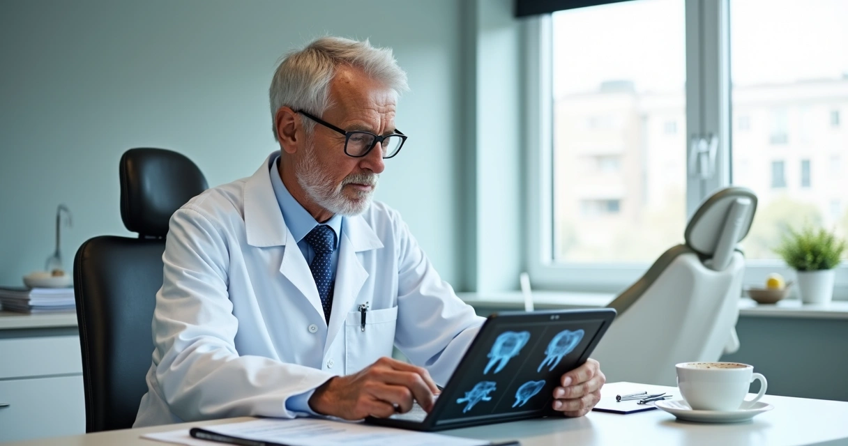 Dentista revisando relatórios financeiros em um tablet 