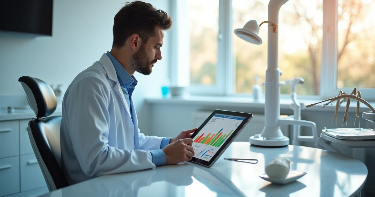 Dentista analisando gráficos e relatórios em tablet, dentro da clínica 