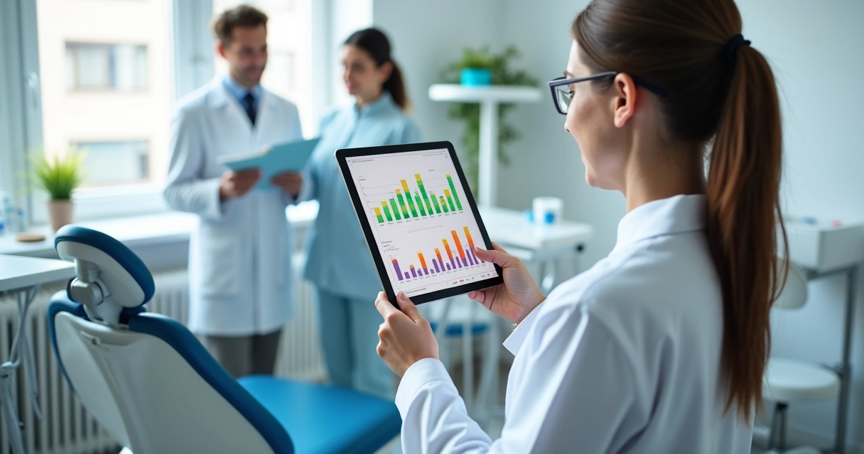 Dentista segurando tablet com gráficos de marketing 