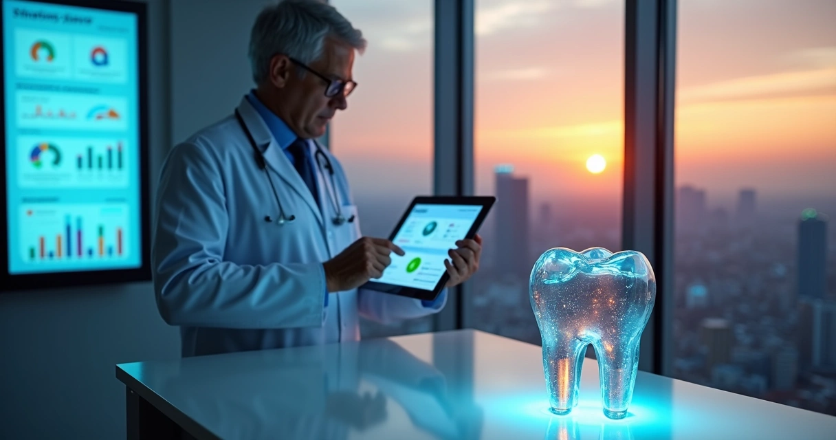 Dentista analisando no tablet o desempenho de marketing digital da clínica 