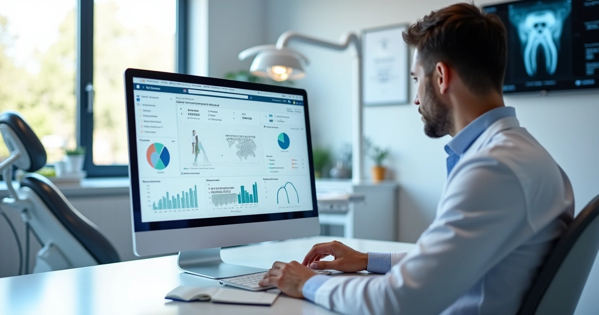 Dentista analisa campanha de anúncios para implantes dentários no computador 