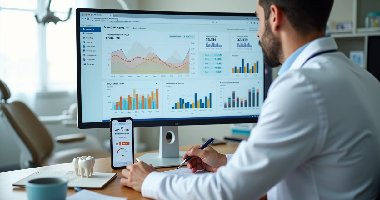 Dentista analisando desempenho de anúncios pagos no computador 