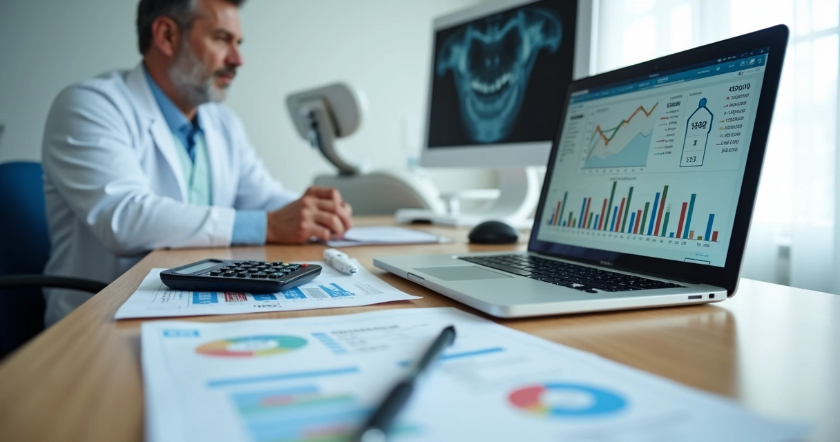 Dentista analisando finanças da clínica com planilhas e gráficos em consultório moderno 