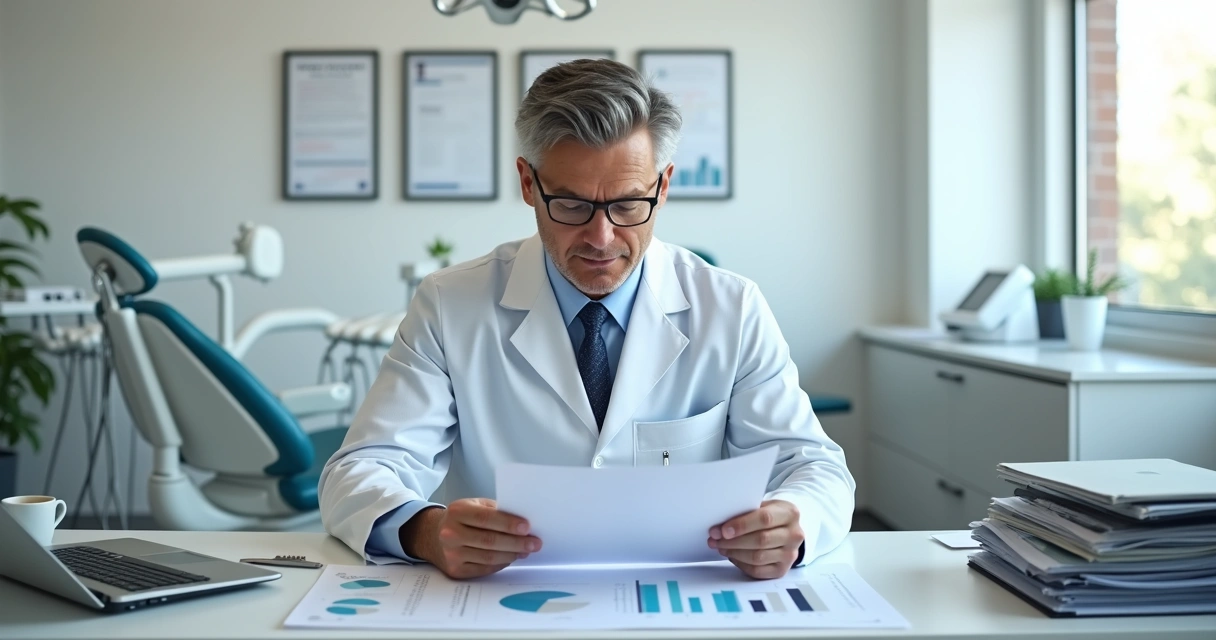 Dentista sentado em mesa de escritório analisando relatório financeiro 