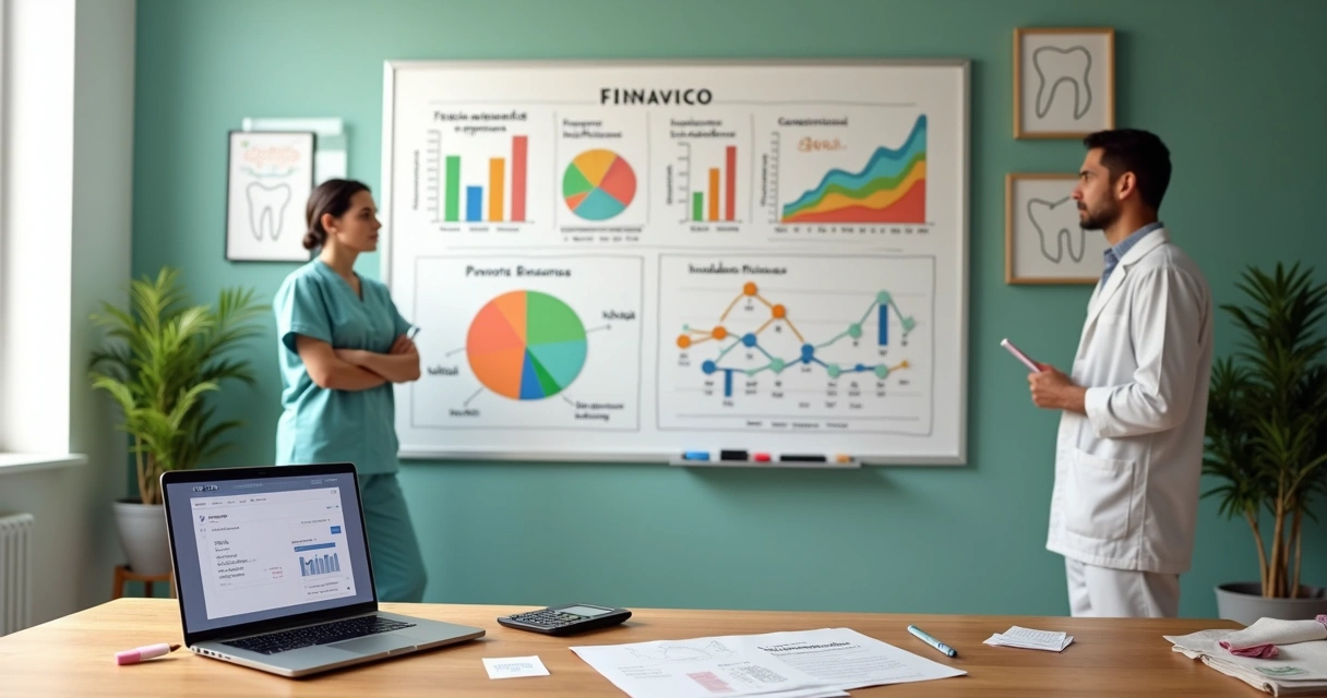 Dentista analisando painel financeiro colorido em quadro branco 