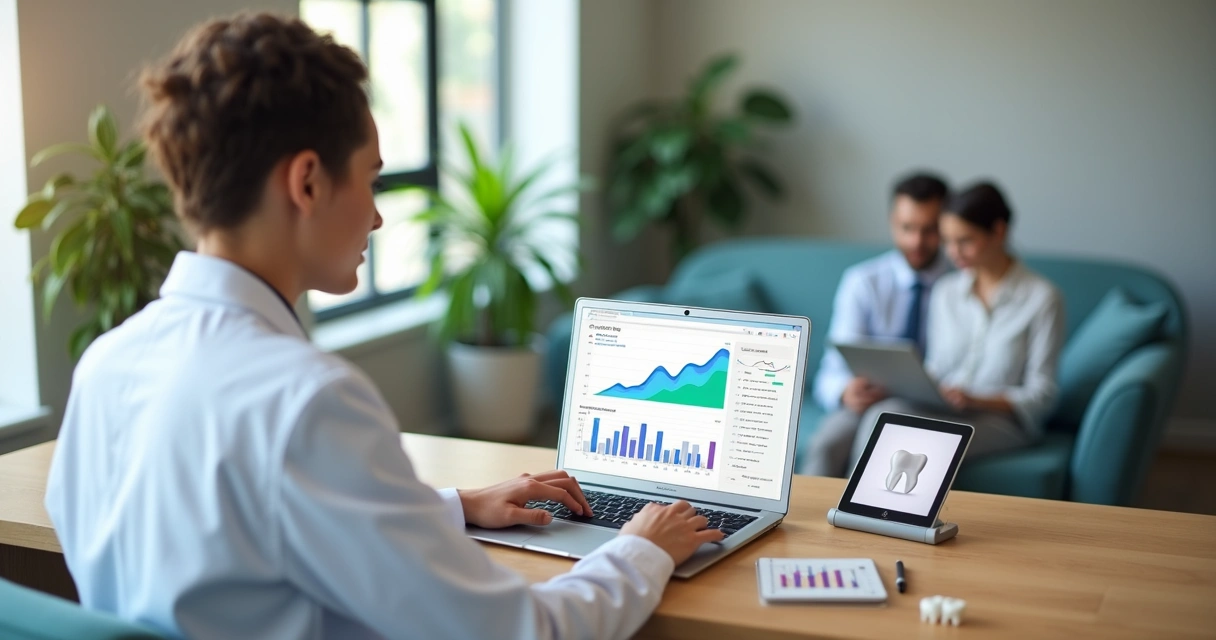 Dentista analisando gráficos de desempenho digital em laptop na recepção da clínica 