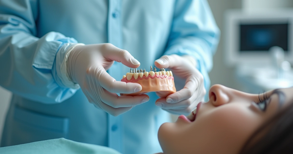 Dentista analisando prótese sobre implante em um consultório 