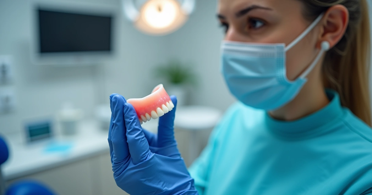 Dentista examinando uma prótese flexível em consultório moderno 