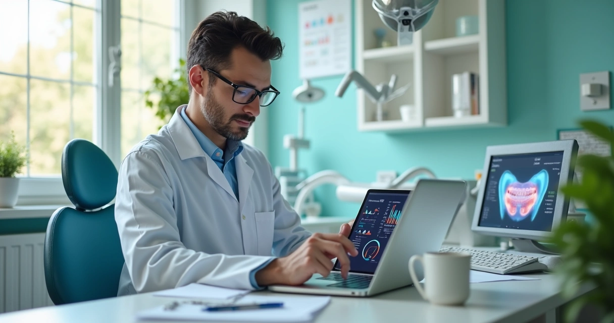 Dentista analisando relatório odontológico em tablet na clínica com ambiente moderno e organizado 