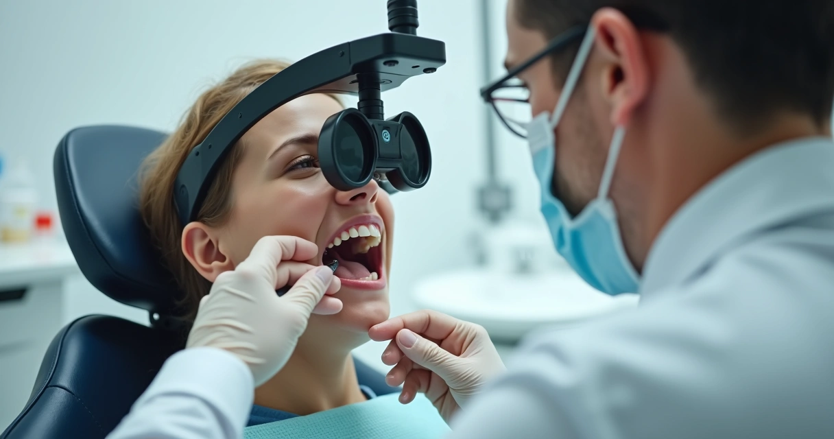 Dentista usando lupa de tiara e analisando detalhes em procedimento 