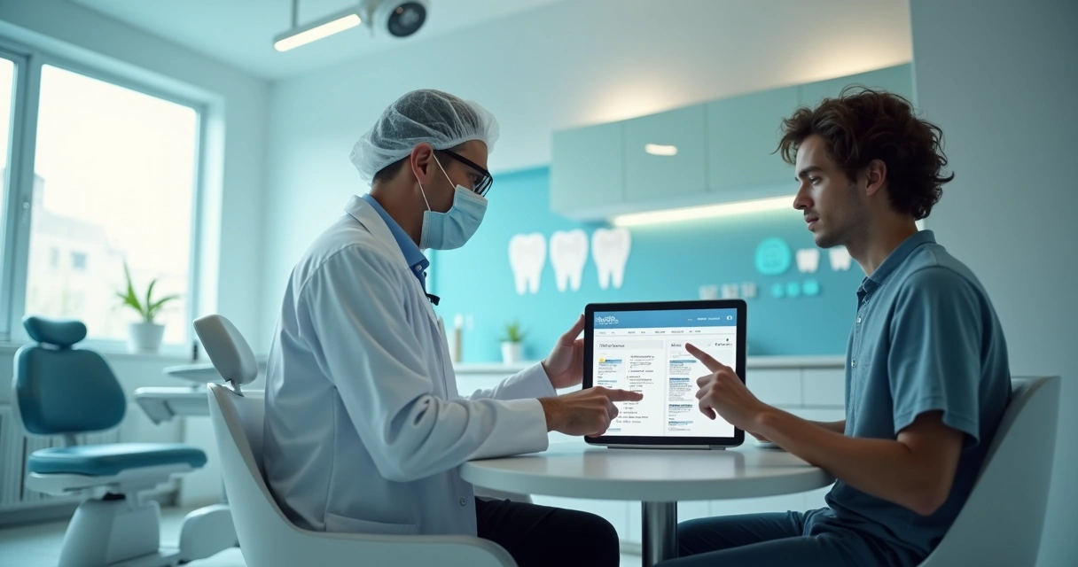 Dentista preenchendo anamnese odontológica digital em tablet ao lado do paciente 
