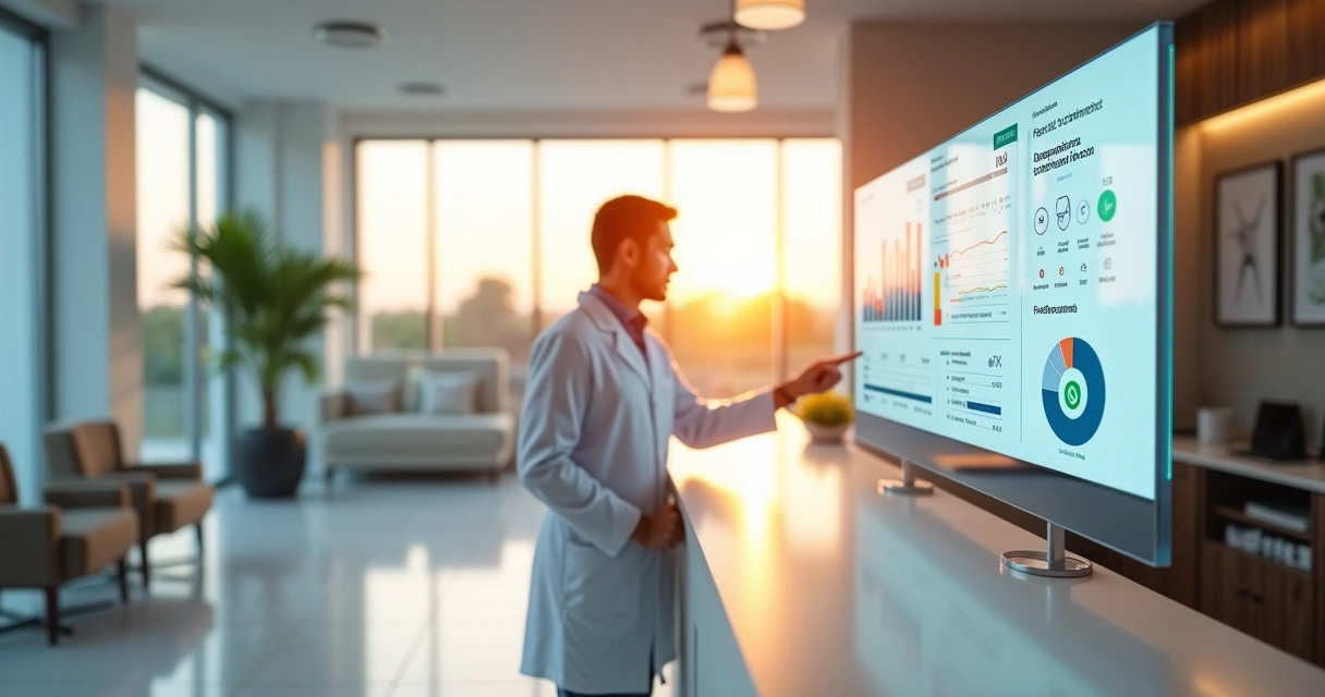 Dentista em Anápolis analisando painel digital de marketing na recepção da clínica 