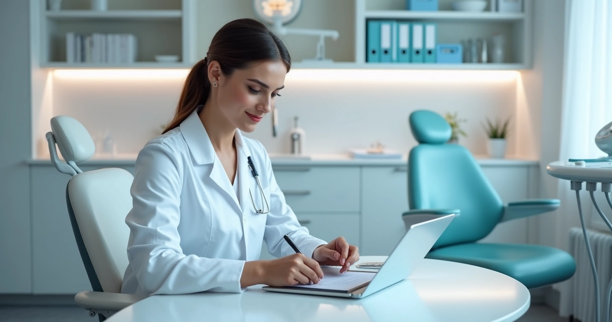 Dentista de jaleco escrevendo relatório odontológico em tablet na clínica