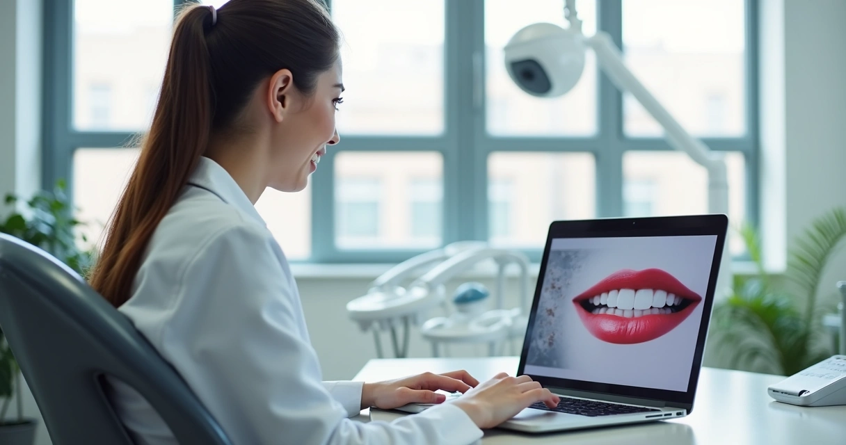 Dentista usando notebook para anunciar consultório 