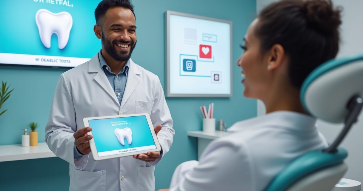 Dentista segurando tablet mostrando anúncio de consulta odontológica 