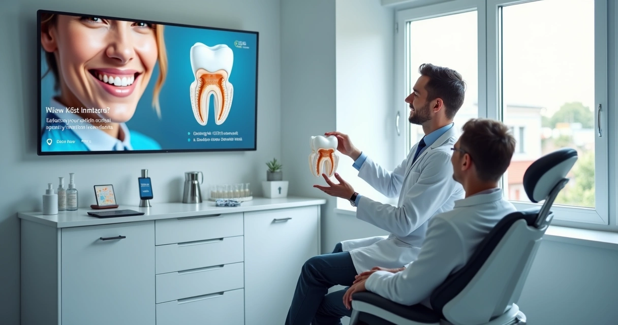Dentista mostrando implante dentário em consulta com anúncio digital ao fundo 
