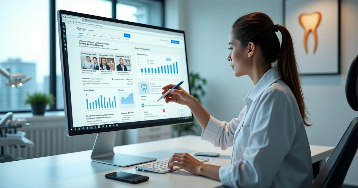 Dentista analisando anúncios online para captar pacientes de urgência 
