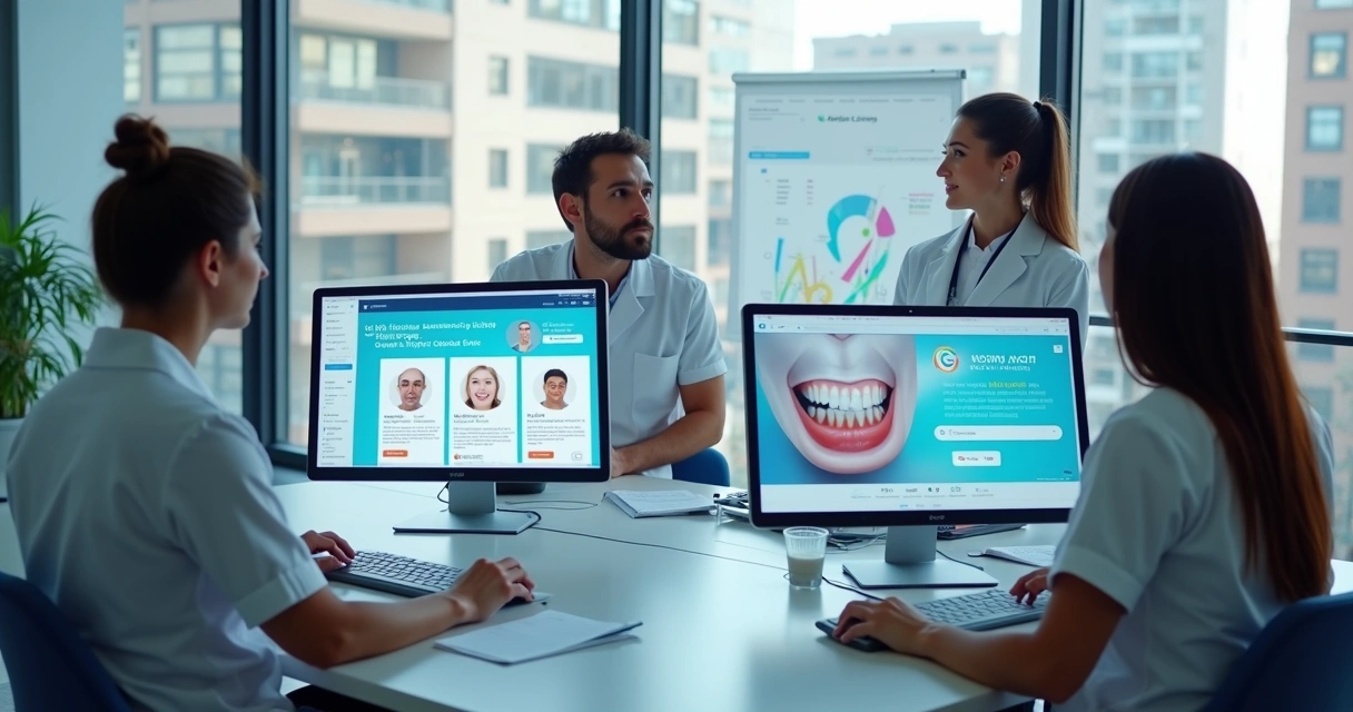 Consultório odontológico moderno com telas exibindo anúncios online 