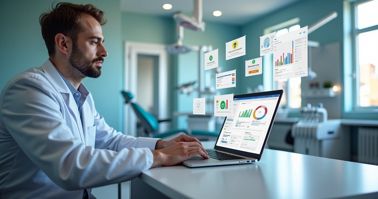 Dentista usando laptop para criar anúncios digitais com gráficos de agendamento e leads no fundo 