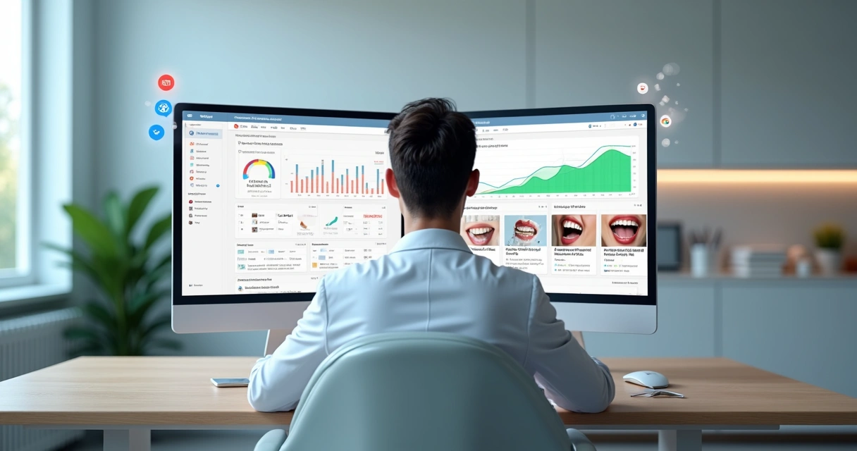 Dentista analisando anúncios pagos em tela dividida entre erros e resultados positivos 
