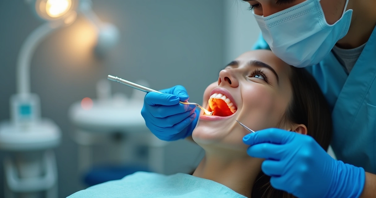 Dentista aplicando uma faceta dentária em paciente com técnica moderna 