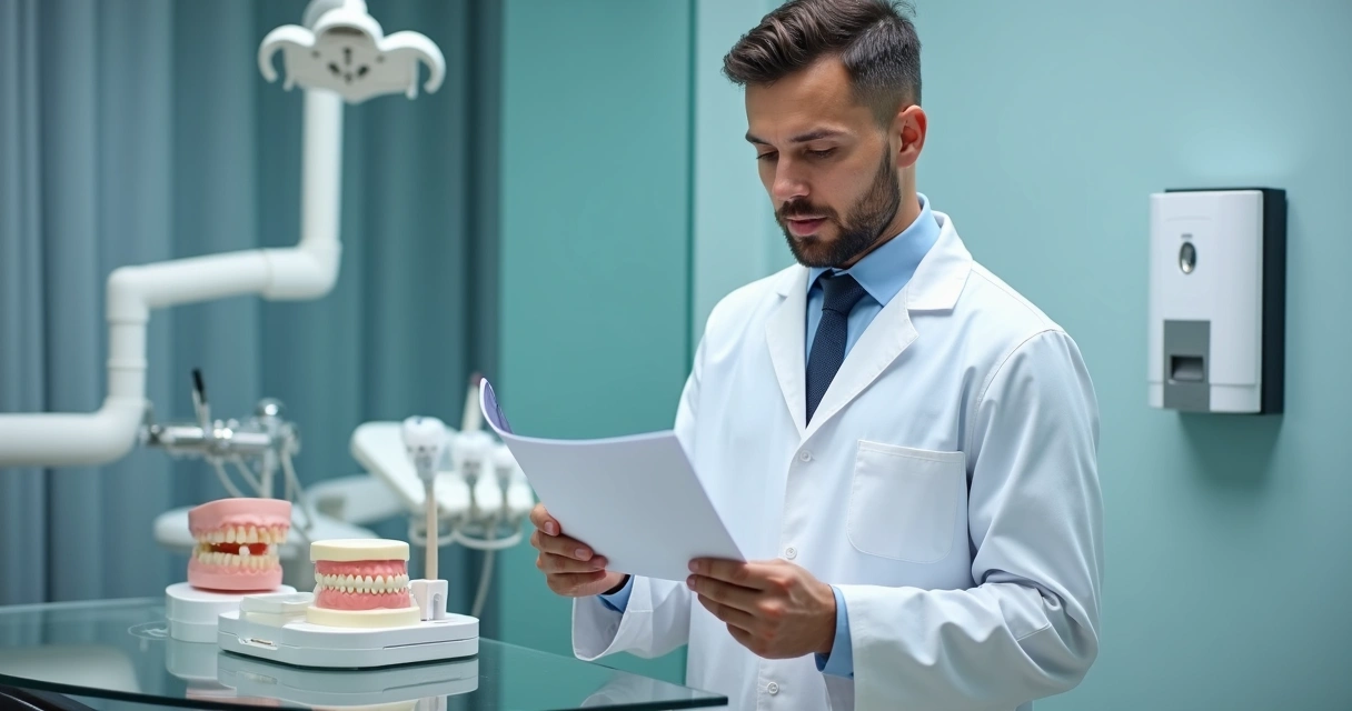 Dentista analisa apólice de seguro em clínica moderna 