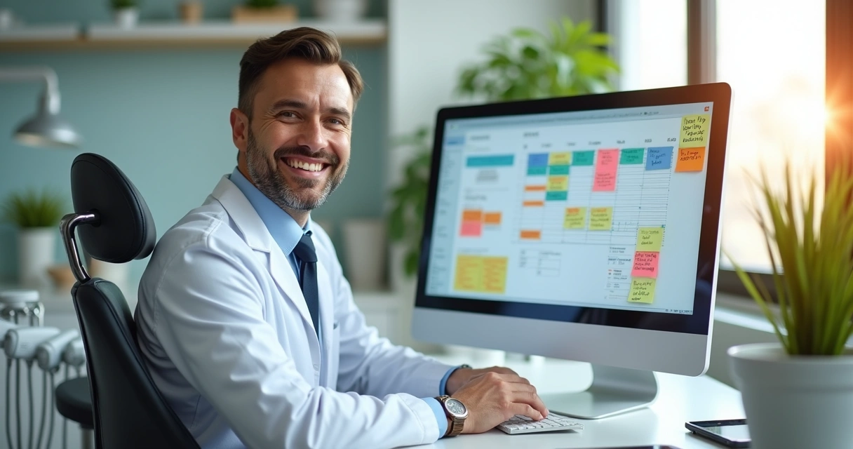 Dentista usando sistema odontológico na clínica 