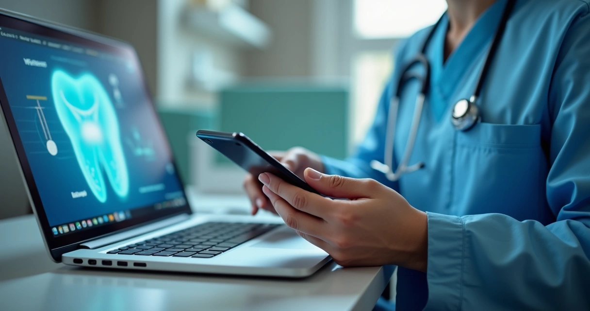 Dentista usando laptop com tutoriais online e smartphone mostrando aplicativo odontológico em clínica moderna 