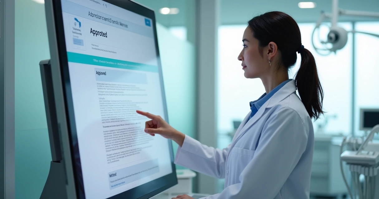 Dentista sorrindo mostra tela com conteúdo adaptado para normas