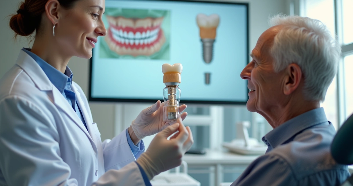 Dentista mostrando opção de implante dentário para paciente em consultório 