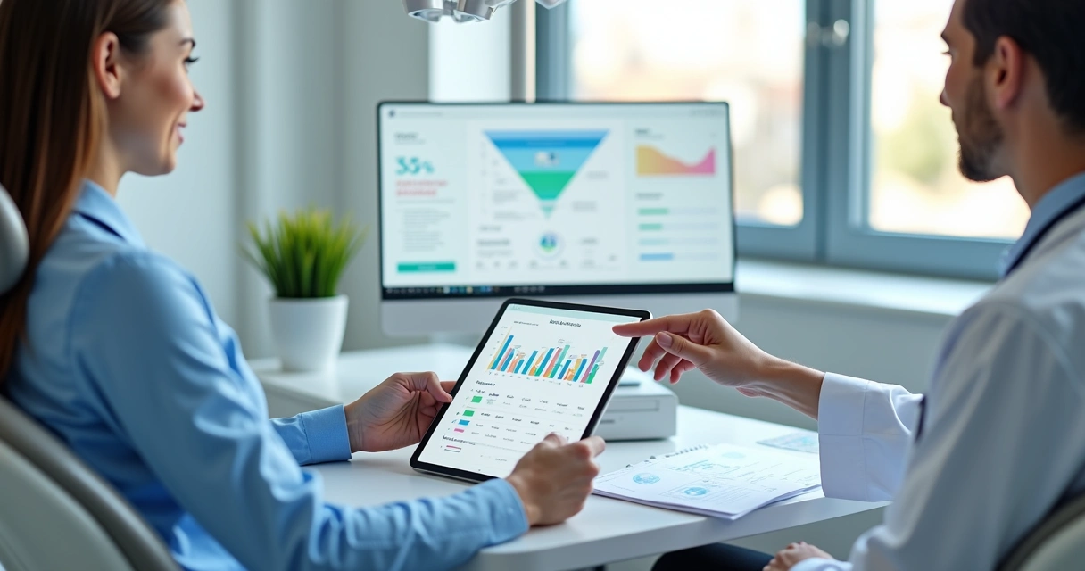 Dentista mostrando orçamento digital detalhado para paciente em consultório moderno 