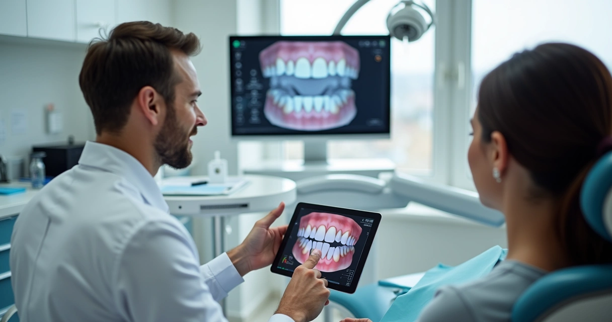 Dentista mostrando resultados digitais de sorriso em tablet para paciente sentado na cadeira do consultório 