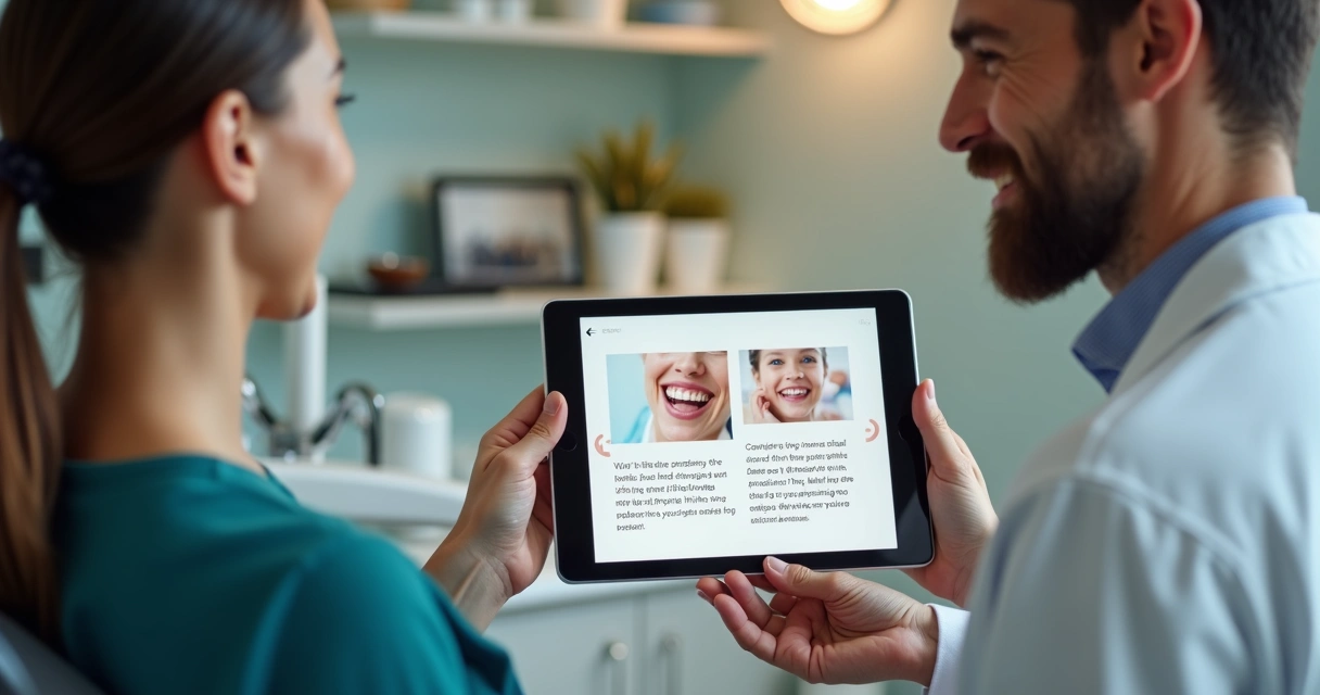 Dentista mostrando depoimentos e fotos de resultados para paciente 