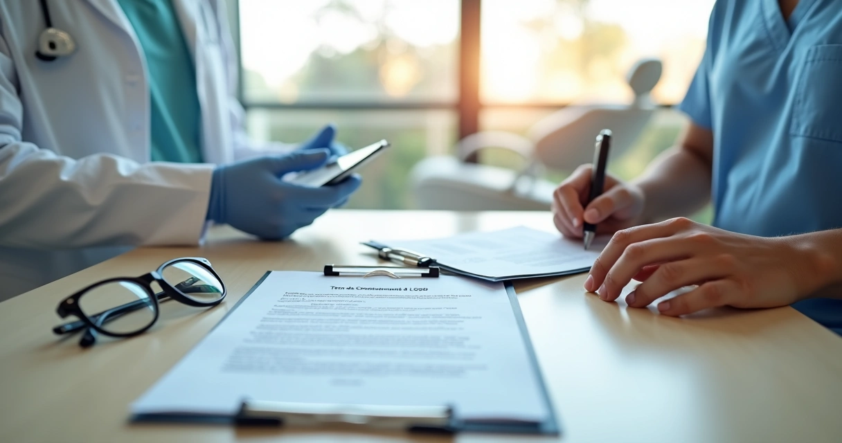 Dentista entrega termo de consentimento para paciente assinar em consultório odontológico 