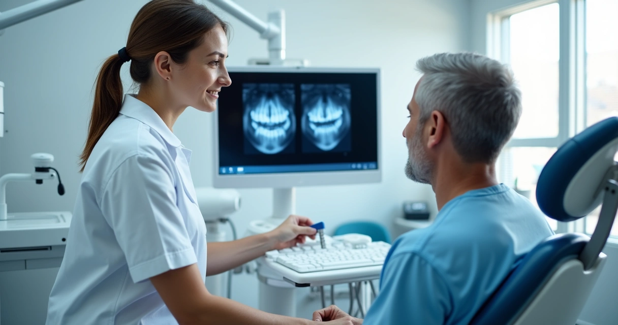 Dentista avaliando paciente em consultório moderno na colocação de implante 