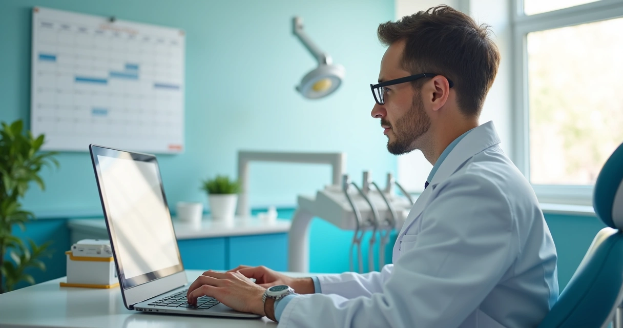 Dentista em consultório enviando mensagem automática pelo computador