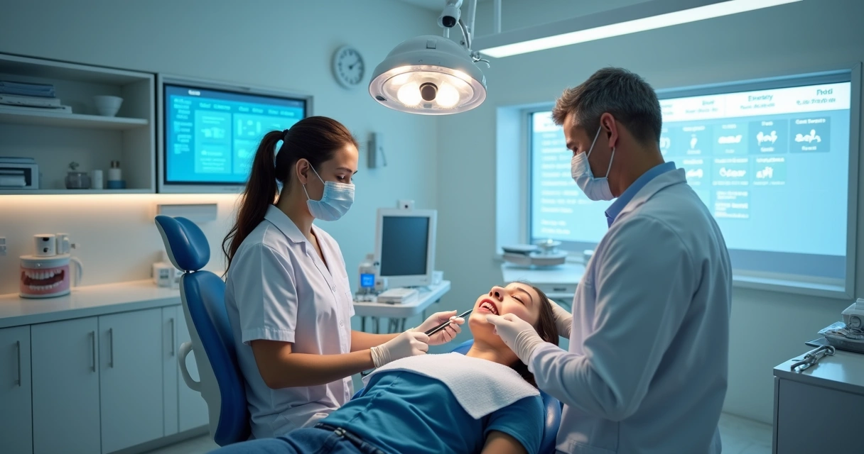 Dentista atendendo paciente em consultório moderno com agenda organizada ao fundo