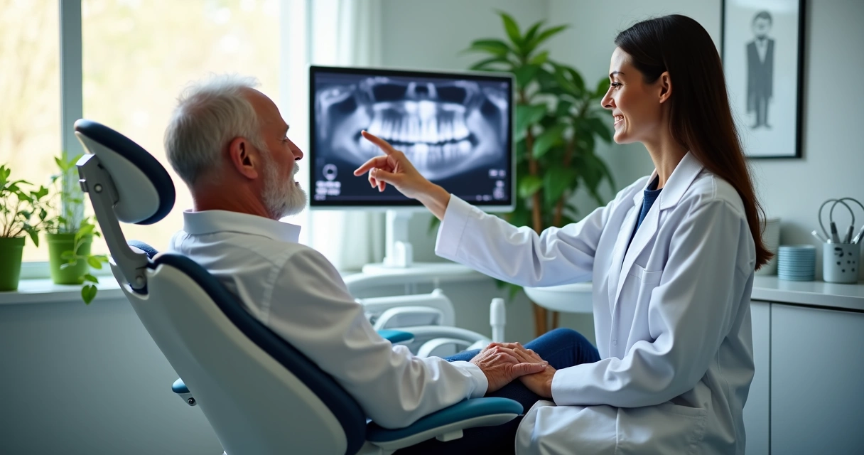 Dentista aplicando exame em paciente sentado em cadeira odontológica 