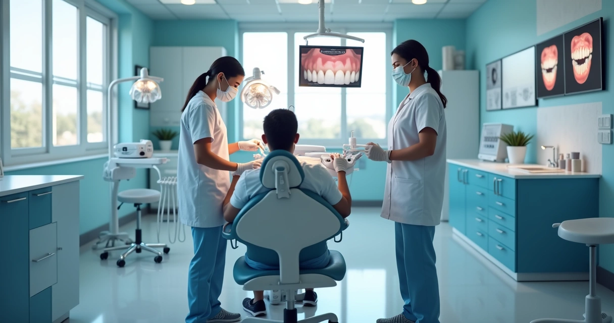 Dentista atendendo paciente em consultório moderno 