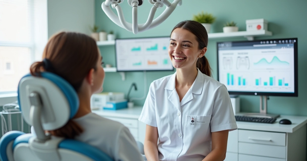 Dentista conversa com paciente sorridente em consultório moderno, ambiente acolhedor, telas digitais ao fundo 