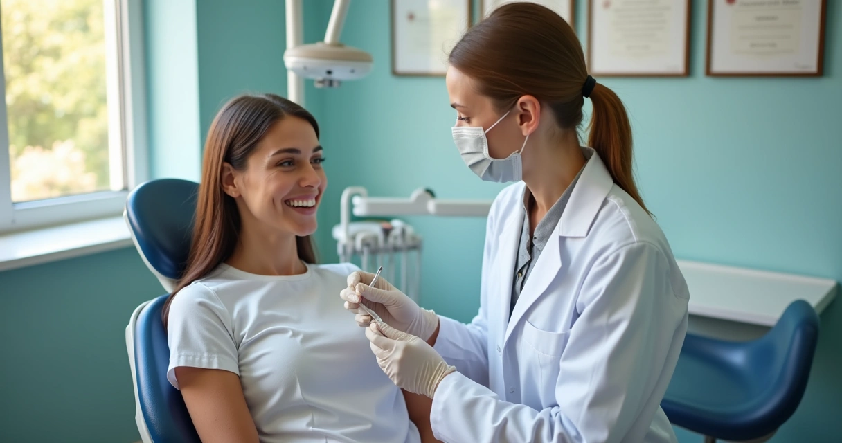 Dentista atendendo paciente sorridente