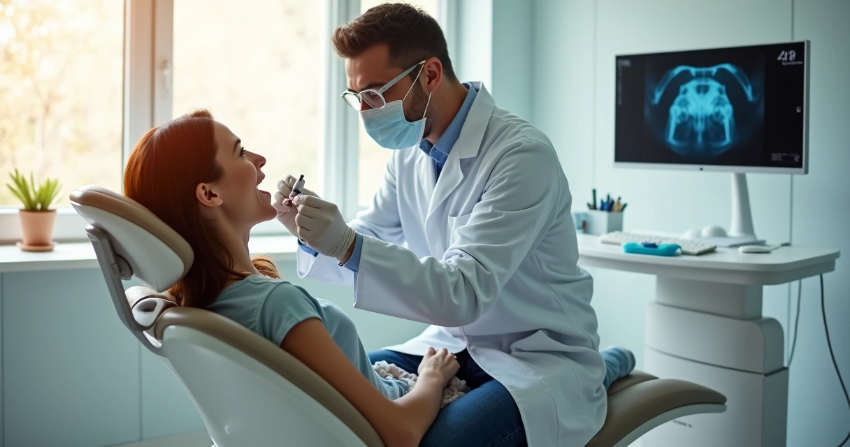 Dentista faz avaliação bucala de paciente usando luvas e máscaras 