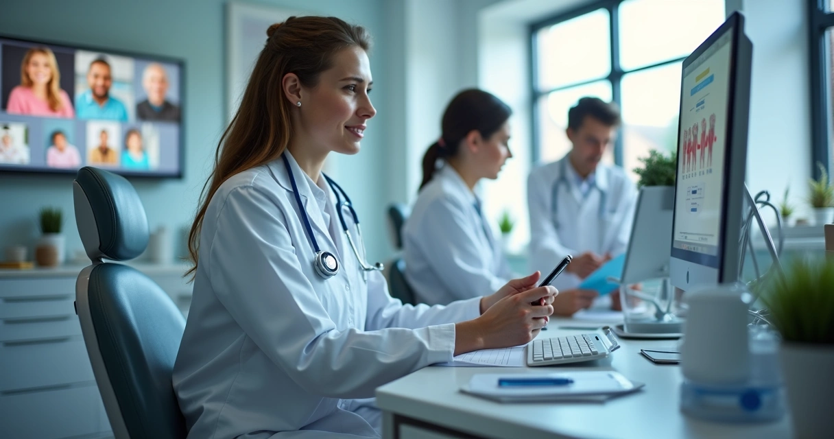 Dentista atende paciente com apoio de tecnologias digitais modernas em ambiente de clínica clara