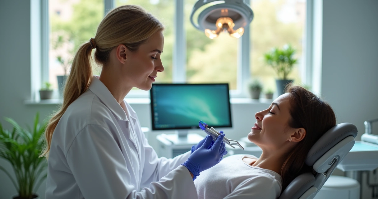 Dentista sorridente atendendo paciente em clínica moderna e organizada 