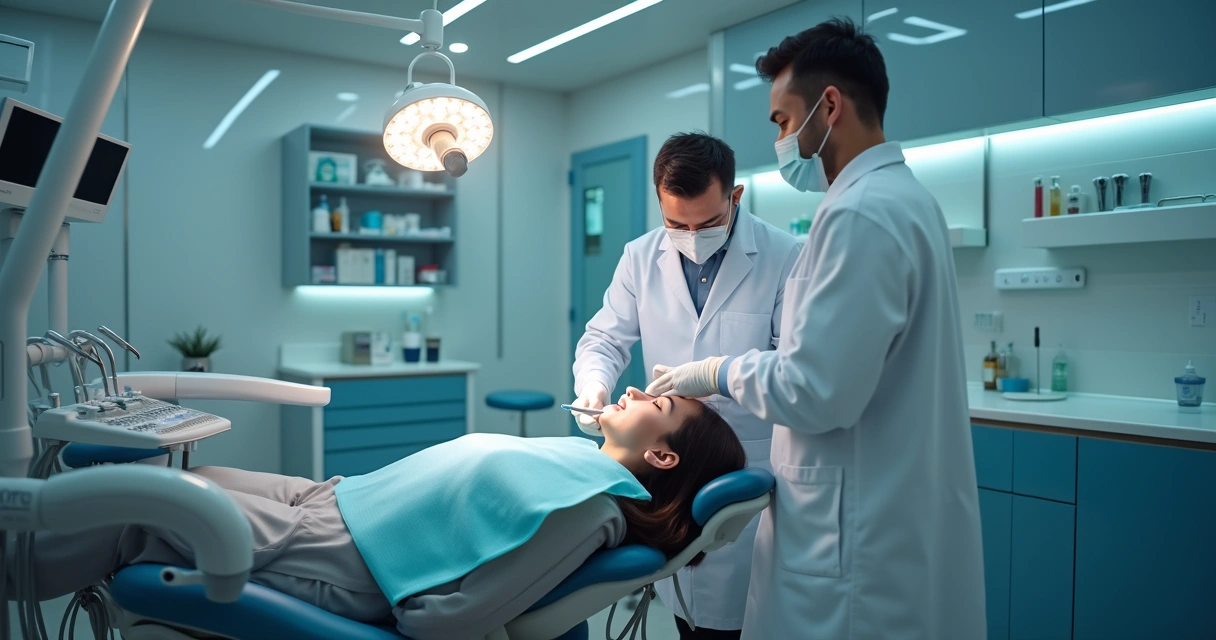 Dentista atendendo paciente em consultório odontológico 