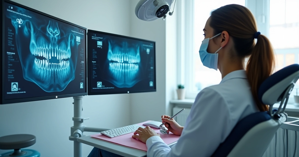 Dentista usando tecnologia no consultório durante atendimento