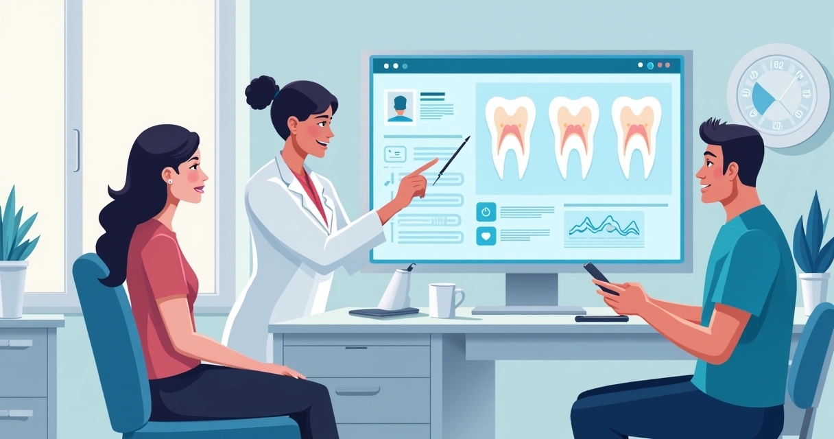 Dentista atendendo paciente em consultório moderno com telas digitais 