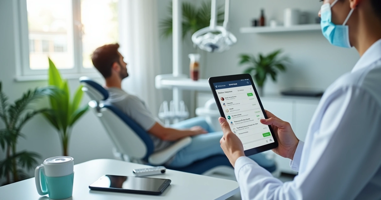 Dentista usando tablet com prontuário digital ao lado de paciente em clínica odontológica moderna 
