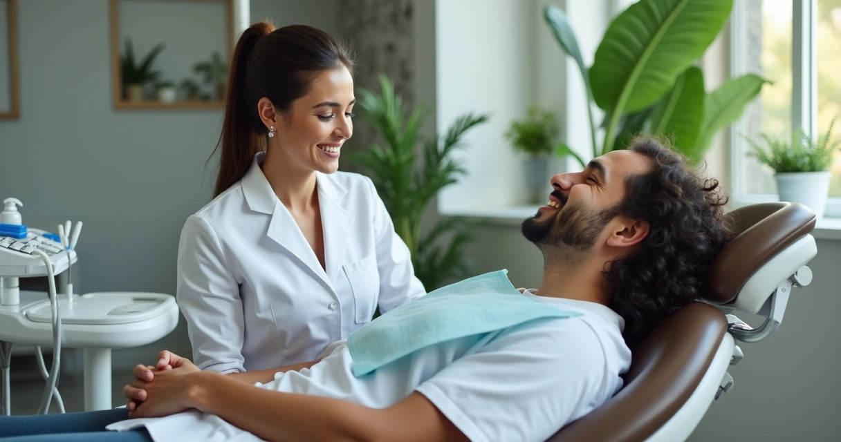 Dentista conversa com paciente de forma atenciosa e humana 